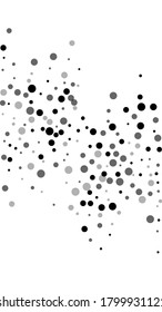 Scattered random black dots. Dark points dispersion on white background. Authentic grey spots dispersing overlay template. Precious vector illustration.
