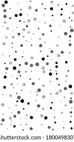 Scattered random black dots. Dark points dispersion on white background. Authentic grey spots dispersing overlay template. Pleasant vector illustration.