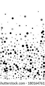Scattered random black dots. Dark points dispersion on white background. Authentic grey spots dispersing overlay template. Terrific vector illustration.
