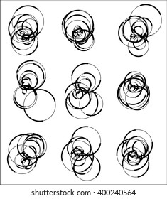 Scattered, random circle element set - Set of 9 monochrome geometric shape.