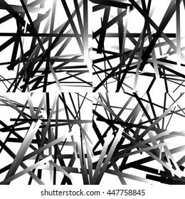 Scattered, random lines. Set of 4 patterns, monochrome abstract geometric illustrations.