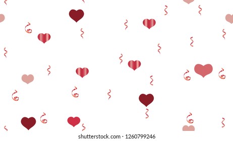 Scattered Red confetti. Vector Seamless Pattern on a White Background. Romantic Pattern of Hearts and Serpentine. The foundation of packaging, textiles, wallpaper, banner, printing.