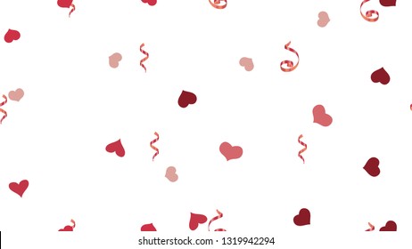 Scattered Red confetti. Vector Seamless Pattern on a White Background. Happy Pattern of Hearts and Serpentine. Element of packaging, textiles, wallpaper, banner, printing.