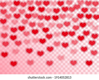 Scattered red hearts falling valentine background. Abstract February 14 backdrop. Ruby red hearts love passion symbols isolated on white background. Birthday sweet decor.