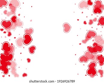 Scattered red hearts falling vector illustration. Abstract holiday banner backdrop. Ruby red hearts love pleasure symbols isolated on transparent background. Romantic event lovely decor.