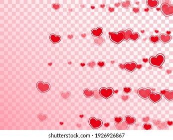 Scattered red hearts falling vector illustration. Abstract greeting card backdrop. Ruby red hearts love pleasure symbols isolated on white background. Valentine's day cute decor.