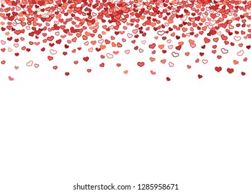 Scattered red hearts frame on white background. Doodle heart Valentines Day confetti template for February 14th. Vector illustration for greeting, special business cards, ads, voucher, banner.