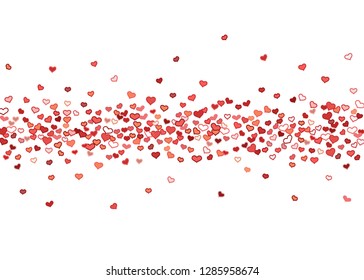 Scattered red hearts frame on white background. Doodle heart Valentines Day confetti template for February 14th. Vector illustration for greeting, special business cards, ads, voucher, banner.