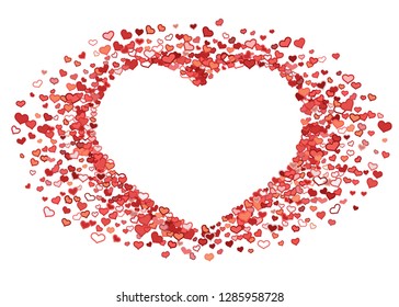 Scattered red hearts frame on white background. Doodle heart Valentines Day confetti template for February 14th. Vector illustration for greeting, special business cards, ads, voucher, banner.