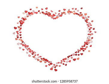 Scattered red hearts frame on white background. Doodle heart Valentines Day confetti template for February 14th. Vector illustration for greeting, special business cards, ads, voucher, banner.
