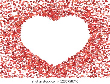 Scattered red hearts frame on white background. Doodle heart Valentines Day confetti template for February 14th. Vector illustration for greeting, special business cards, ads, voucher, banner.