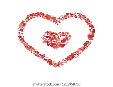 Scattered red hearts frame on white background. Doodle heart Valentines Day confetti template for February 14th. Vector illustration for greeting, special business cards, ads, voucher, banner.