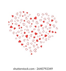 Scattered red hearts in a heart shape design against a pure white background for romance and love