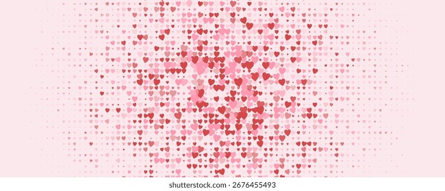 Fundo horizontal de corações vermelhos espalhados. Paixão amor gradiente padrão, plano de fundo da loja de sexo, textura de adultos, pano de fundo romântico para convite, tecido, têxtil, folheto, folheto. Ilustração de vetor