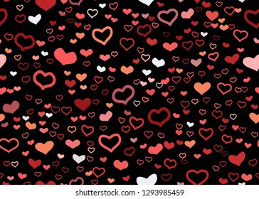 Scattered red hearts seamless pattern on black background. Doodle heart confetti. Vector illustration template for print, textile, valentines day cards, linen, wrapping.