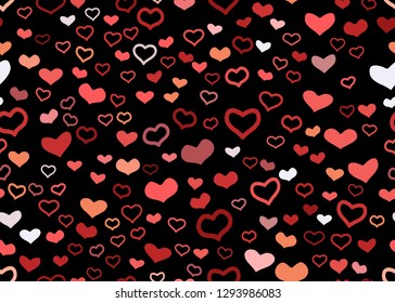 Scattered red hearts seamless pattern on black background. Doodle heart confetti. Vector illustration template for print, textile, valentines day cards, linen, wrapping.