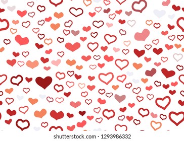 Scattered red hearts seamless pattern on white background. Doodle heart confetti. Vector illustration template for print, textile, valentines day cards, ads, banners.