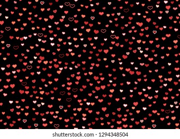 Scattered red hearts seamless pattern on black background. Doodle heart confetti. Vector illustration template for print, textile, valentines day cards, linen, wrapping.