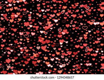 Scattered red hearts seamless pattern on black background. Doodle heart confetti. Vector illustration template for print, textile, valentines day cards, linen, wrapping.