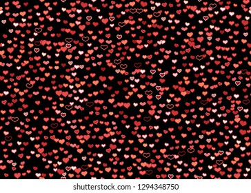 Scattered red hearts seamless pattern on black background. Doodle heart confetti. Vector illustration template for print, textile, valentines day cards, linen, wrapping.