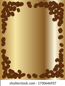 Scattered roasted coffee beans blank golden frame. Graphic menu template gold vector illustration.