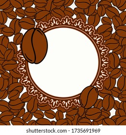 Scattered roasted coffee beans blank frame. Graphic menu template vector illustration.