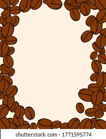 Scattered roasted coffee beans blank frame. Graphic menu template vector illustration.