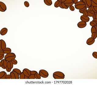 Scattered roasted coffee beans blank frame. Graphic menu template vector illustration.
