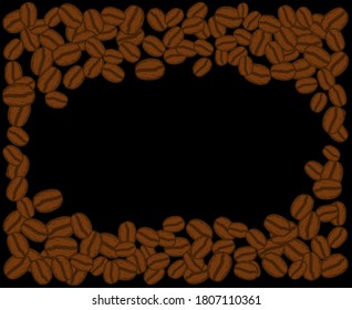 Scattered roasted coffee beans blank black frame. Graphic menu template vector illustration.