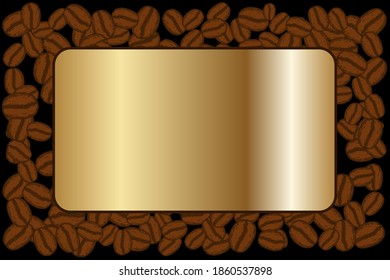 Getrennte geröstete Kaffeebohnen leerer goldener Rahmen. Grafische Menüvorlage Vektorgrafik.