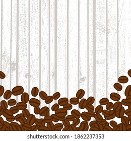 Scattered roasted coffee beans blank frame. Graphic menu template vector illustration. White wooden table background.