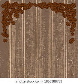 Scattered roasted coffee beans blank frame. Graphic menu template vector illustration. Wooden table background.