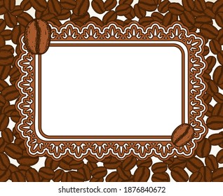 Scattered roasted coffee beans blank ornate frame. Graphic cafe menu template vector illustration.