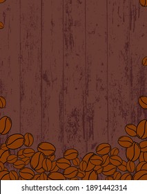 Scattered roasted coffee beans blank frame. Graphic menu template vector illustration. Wooden table background.