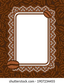 Frasco esparcido de café asado frijol marco ornamentado en blanco. Ilustración vectorial de plantilla de menú café gráfico.