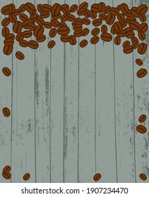 Scattered roasted coffee beans blank frame. Graphic menu template vector illustration. Teal green wooden table background.