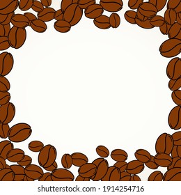 Scattered roasted coffee beans blank square white frame. Graphic cafe menu template vector illustration.