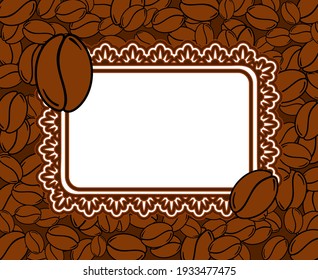 Scattered roasted coffee beans blank ornate frame. Graphic cafe menu template vector illustration.