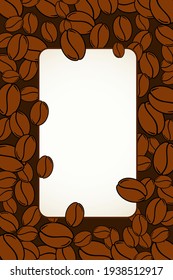 Scattered roasted coffee beans blank frame. Graphic cafe menu template vector illustration.