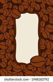 Scattered roasted coffee beans blank vintage frame. Graphic cafe menu template vector illustration.