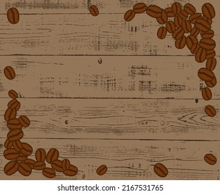 Scattered roasted coffee beans blank frame. Graphic menu template vector illustration. Wooden table background.