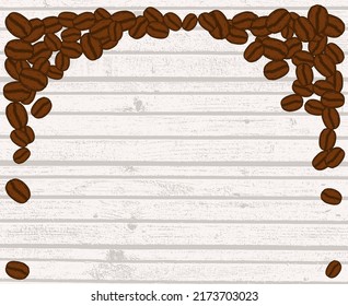 Scattered roasted coffee beans blank frame. Graphic menu template vector illustration. White wooden table background.
