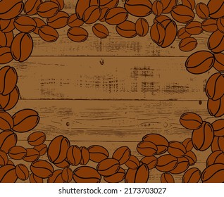 Marco en blanco para granos de café asados dispersos. Ilustración vectorial de plantilla de menú gráfico. Fondo de mesa de madera.