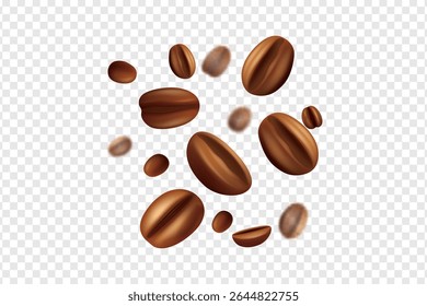 Grãos de café torrados espalhados isolados sobre fundo transparente.