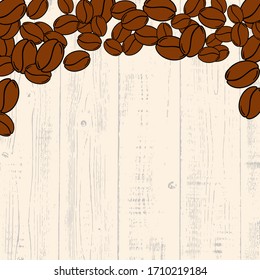 Scattered roasted coffee beans over light wooden blank frame. Graphic menu template vector illustration.
