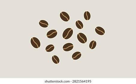 Scattered roasted dark brown coffee beans on a light beige background representing morning energy and aromatic beverages.