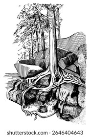 Espalhadas pedras nas montanhas e uma árvore. Ilustração linear de uma paisagem de montanha convertida em um desenho vetorial.