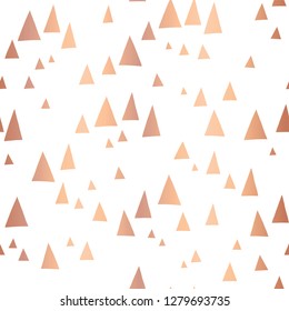 Scattered rose gold foil triangles on white seamless vector pattern. Copper foil background. Abstract mountain landscape in elegant shiny metallic foil. For cover, cards, poster, page fill, decor.