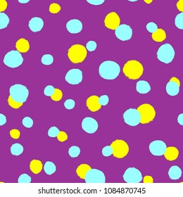 Scattered round dots painted with watercolour brush. Bright seamless pattern with colored circles. Grunge, sketch, watercolor. Modern vector illustration.