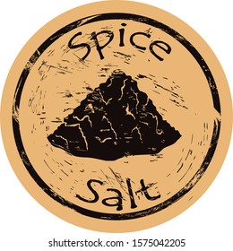 Scattered salt spice icon vector round shabby emblem design, old retro style. Spice ingredient for food logo mail stamp on craft paper. Salt hill. Cooking ingredient vintage grunge sign.